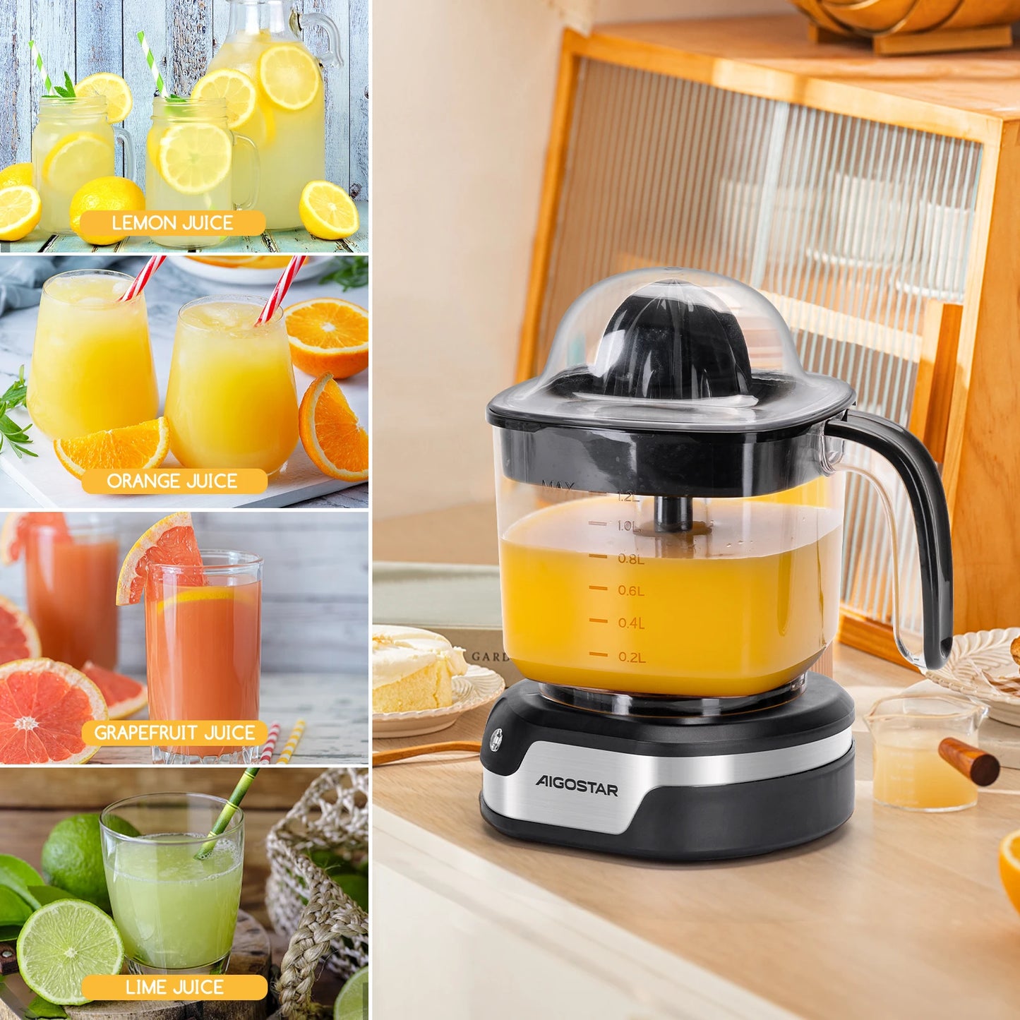 Orange Juicer - Citrus juicer with 1.2L capacity, stainless steel, dual-direction rotation, two cone sizes, LED indicator, and 40W power for efficient fruit extraction.