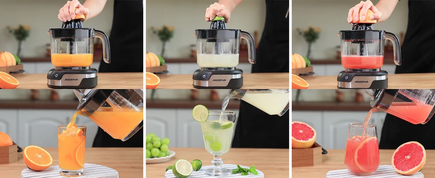 Orange Juicer - Citrus juicer with 1.2L capacity, stainless steel, dual-direction rotation, two cone sizes, LED indicator, and 40W power for efficient fruit extraction.