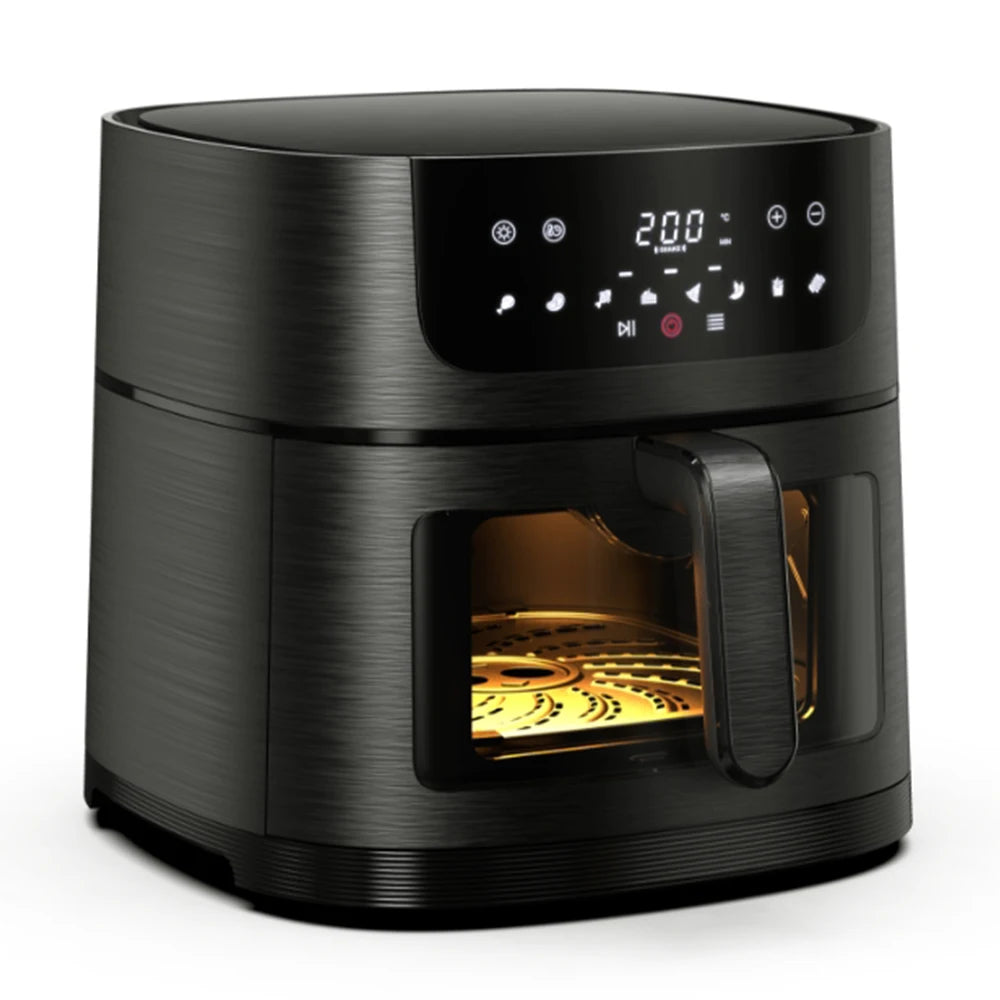 Air Fryer 6L with Touch Control, adjustable temperature up to 200°C, 60-minute timer, 8 preset menus, oil-free cooking, and 1400W power, ideal for families of 3-5 people.