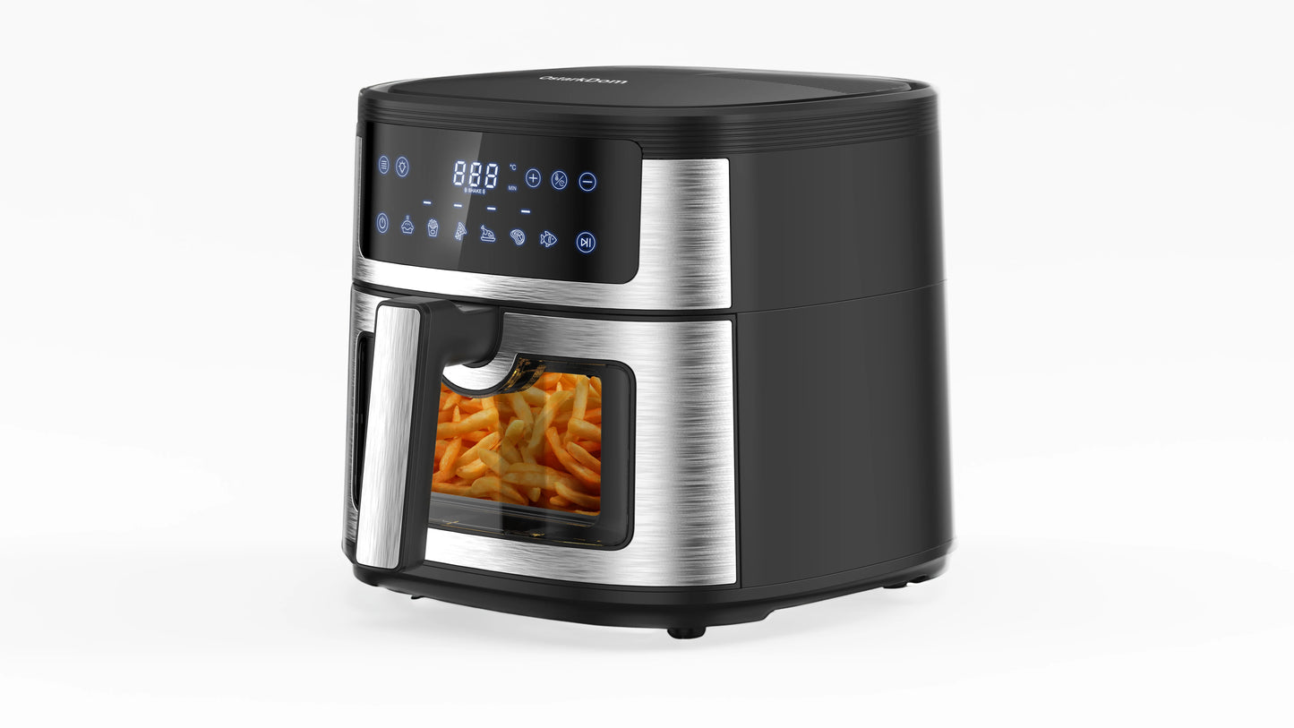 Air Fryer 6L with Touch Control, adjustable temperature up to 200°C, 60-minute timer, 8 preset menus, oil-free cooking, and 1400W power, ideal for families of 3-5 people.