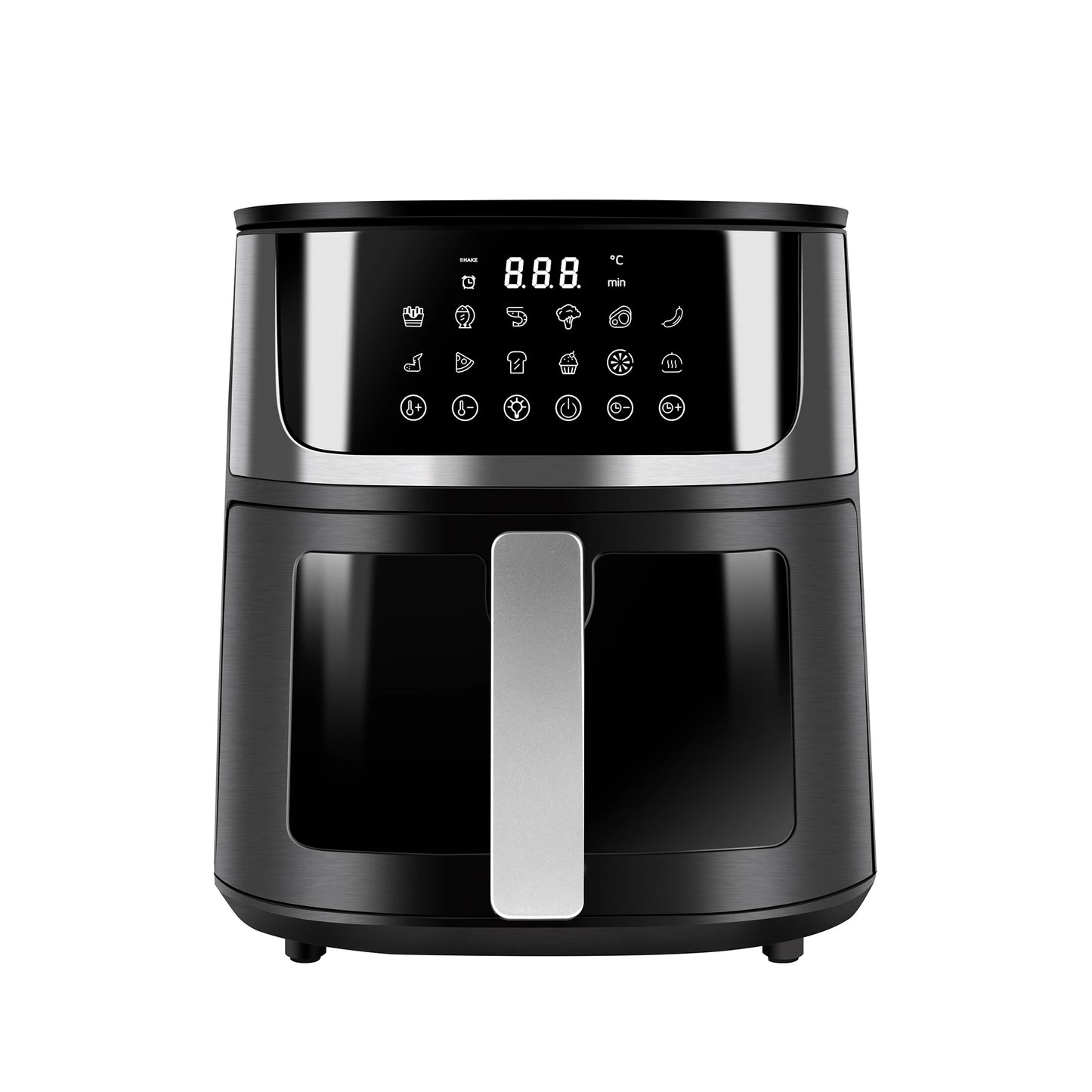 Air Fryer 6L with Touch Control, adjustable temperature up to 200°C, 60-minute timer, 8 preset menus, oil-free cooking, and 1400W power, ideal for families of 3-5 people.