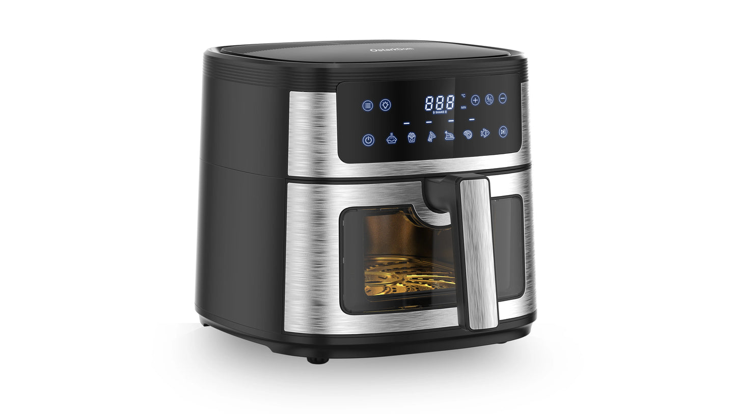 Air Fryer 6L with Touch Control, adjustable temperature up to 200°C, 60-minute timer, 8 preset menus, oil-free cooking, and 1400W power, ideal for families of 3-5 people.