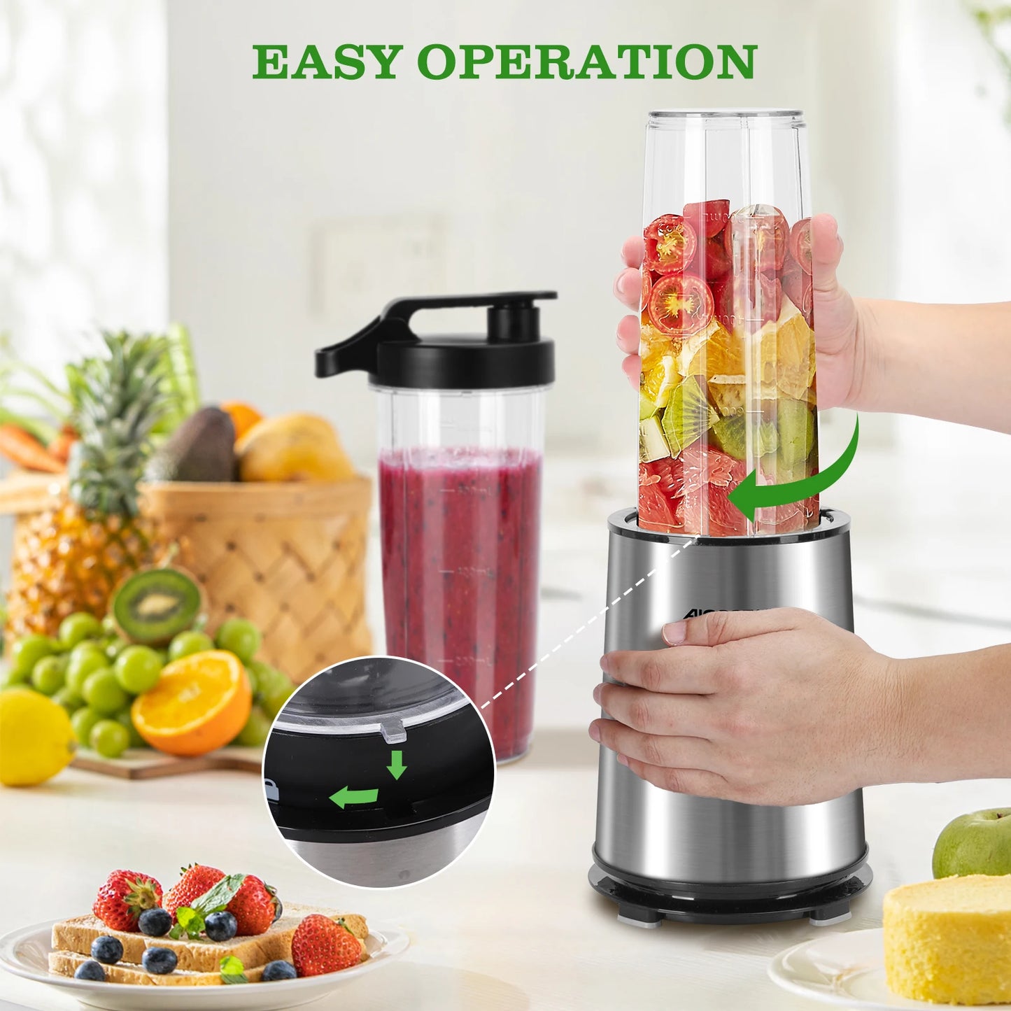 Portable 600W High Power Mixer with 800ml Jug, Stainless Steel, BPA Free, Ideal for Smoothies and Juices.