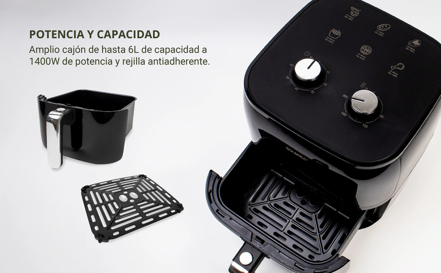 6L Air Fryer by SOLMIRA, 1400W capacity, designed for oil-free grilling, features a compact size of 40x34x38cm, CE certified, perfect for healthy cooking and equipped for various uses.