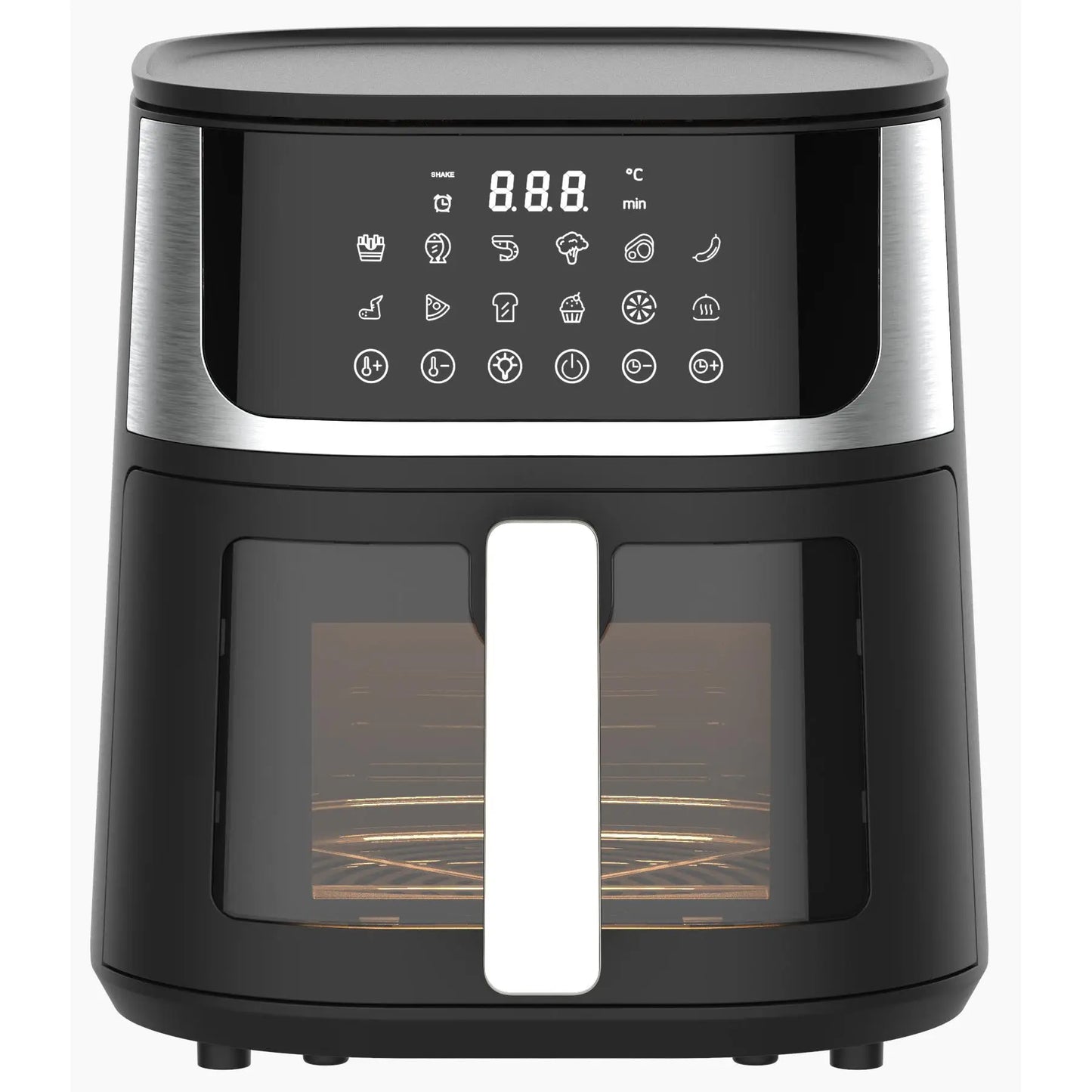 Air Fryer 6L with Touch Control, adjustable temperature up to 200°C, 60-minute timer, 8 preset menus, oil-free cooking, and 1400W power, ideal for families of 3-5 people.