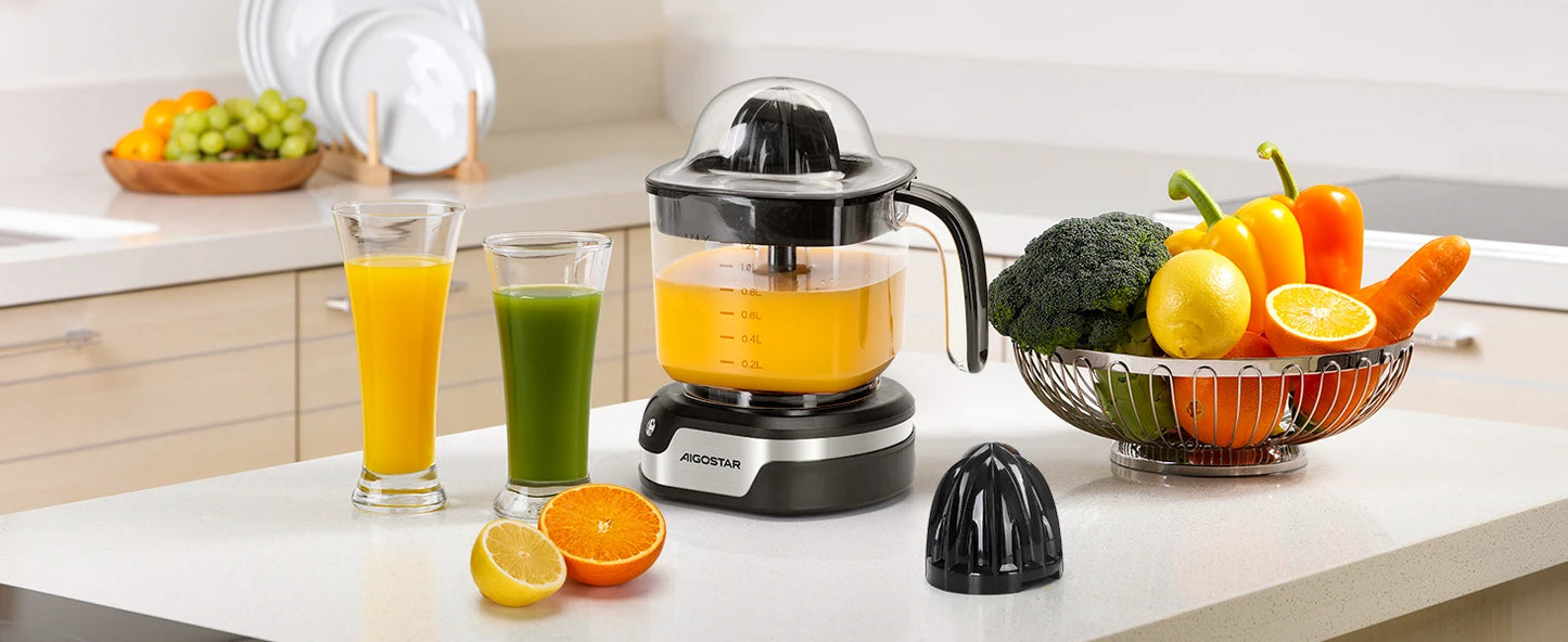 Orange Juicer - Citrus juicer with 1.2L capacity, stainless steel, dual-direction rotation, two cone sizes, LED indicator, and 40W power for efficient fruit extraction.