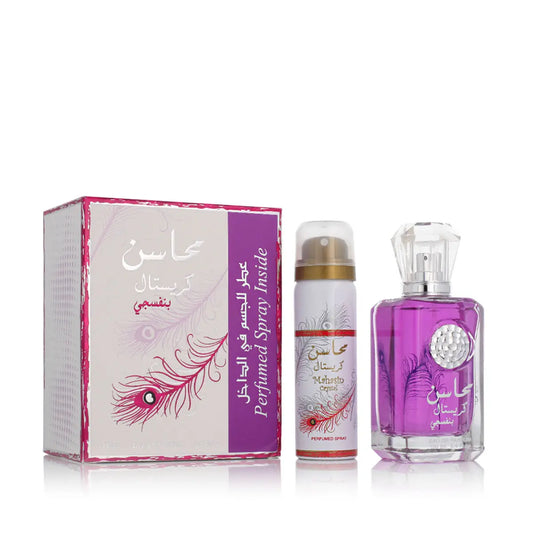 Crystal Violet Eau de Parfum for Women 100ml + Deodorant Spray 75ml, floral and musky fragrance with notes of raspberry and rose, perfect for women seeking a luxurious, long-lasting scent.