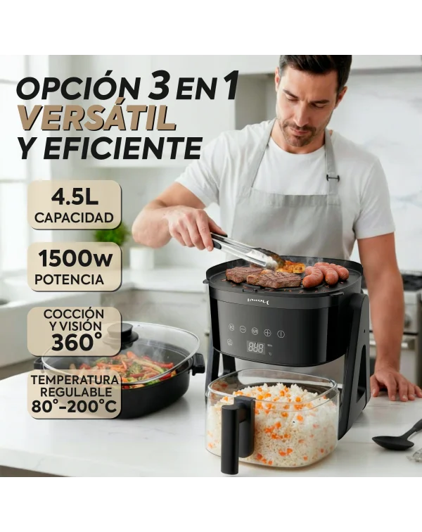 NARVI Air Fryer NF30, 4.5L Capacity, 1500W Power, 360° Cooking, with Visible Window and 6 Automatic Programs, Oil-Free Design, Digital Touchscreen, BPA and PFOA Free, Dishwasher Safe, Perfect for Healthy Cooking.