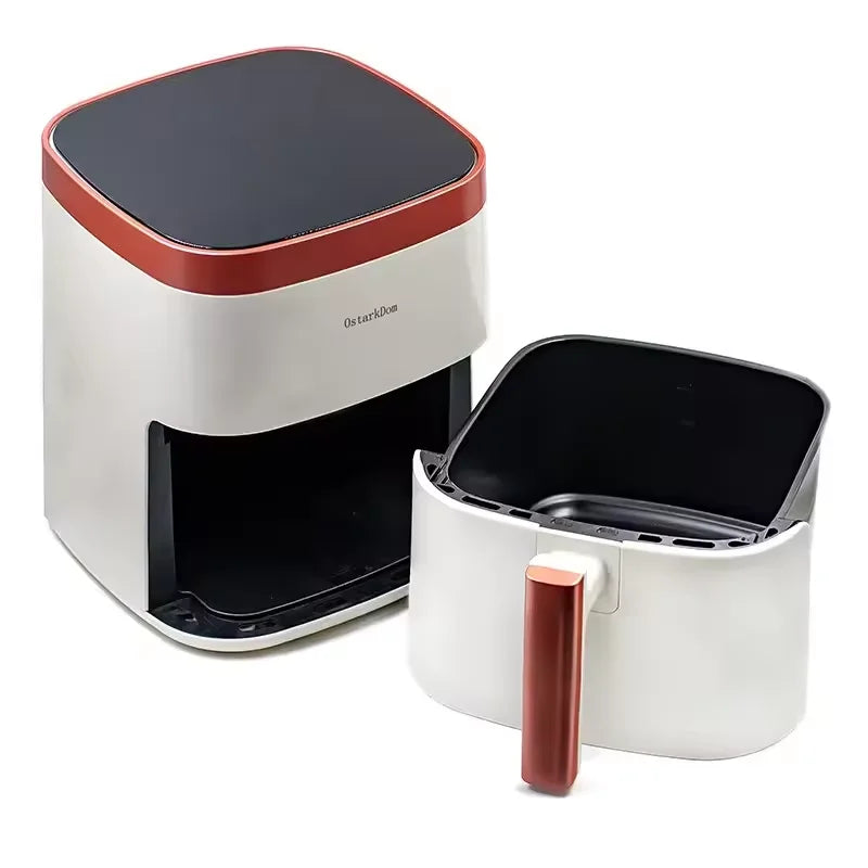 Air Fryer 6L with Touch Control, adjustable temperature up to 200°C, 60-minute timer, 8 preset menus, oil-free cooking, and 1400W power, ideal for families of 3-5 people.