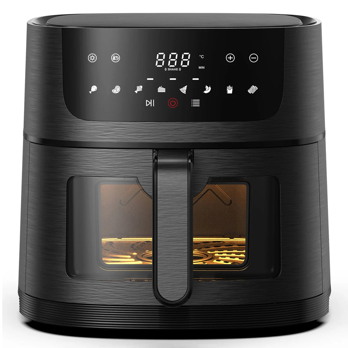 Air Fryer 6L with Touch Control, adjustable temperature up to 200°C, 60-minute timer, 8 preset menus, oil-free cooking, and 1400W power, ideal for families of 3-5 people.