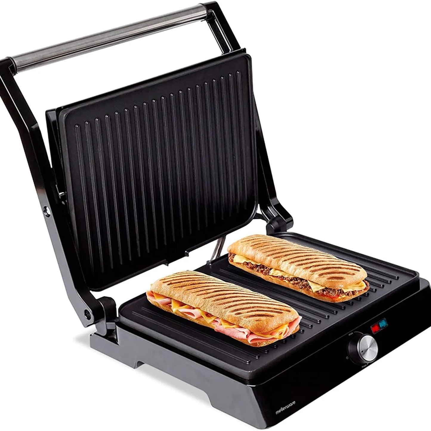 Mellerware Electric Grill Hotty 2200W with Non-Stick Coating, Adjustable Thermostat, 180º Opening, 29x46cm Surface, and PFOA Free Design, Perfect for BBQ and Kitchen Use.