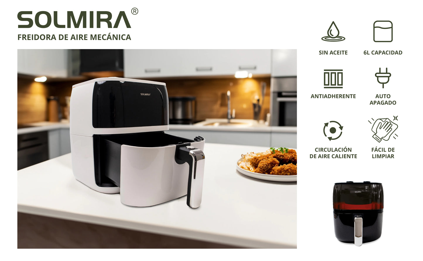 6L Air Fryer by SOLMIRA, 1400W capacity, designed for oil-free grilling, features a compact size of 40x34x38cm, CE certified, perfect for healthy cooking and equipped for various uses.