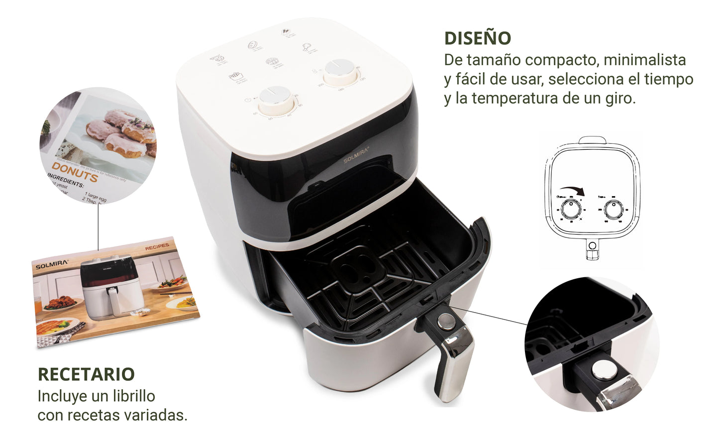 6L Air Fryer by SOLMIRA, 1400W capacity, designed for oil-free grilling, features a compact size of 40x34x38cm, CE certified, perfect for healthy cooking and equipped for various uses.