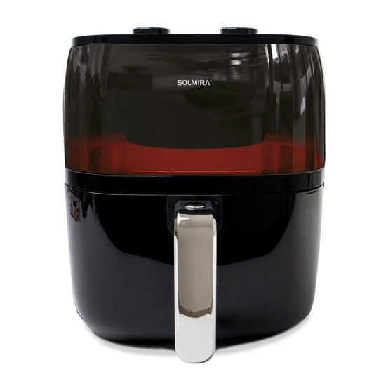 6L Air Fryer by SOLMIRA, 1400W capacity, designed for oil-free grilling, features a compact size of 40x34x38cm, CE certified, perfect for healthy cooking and equipped for various uses.