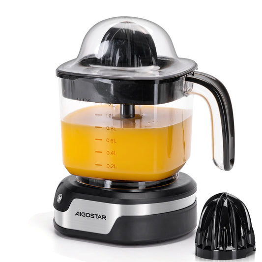 Orange Juicer - Citrus juicer with 1.2L capacity, stainless steel, dual-direction rotation, two cone sizes, LED indicator, and 40W power for efficient fruit extraction.