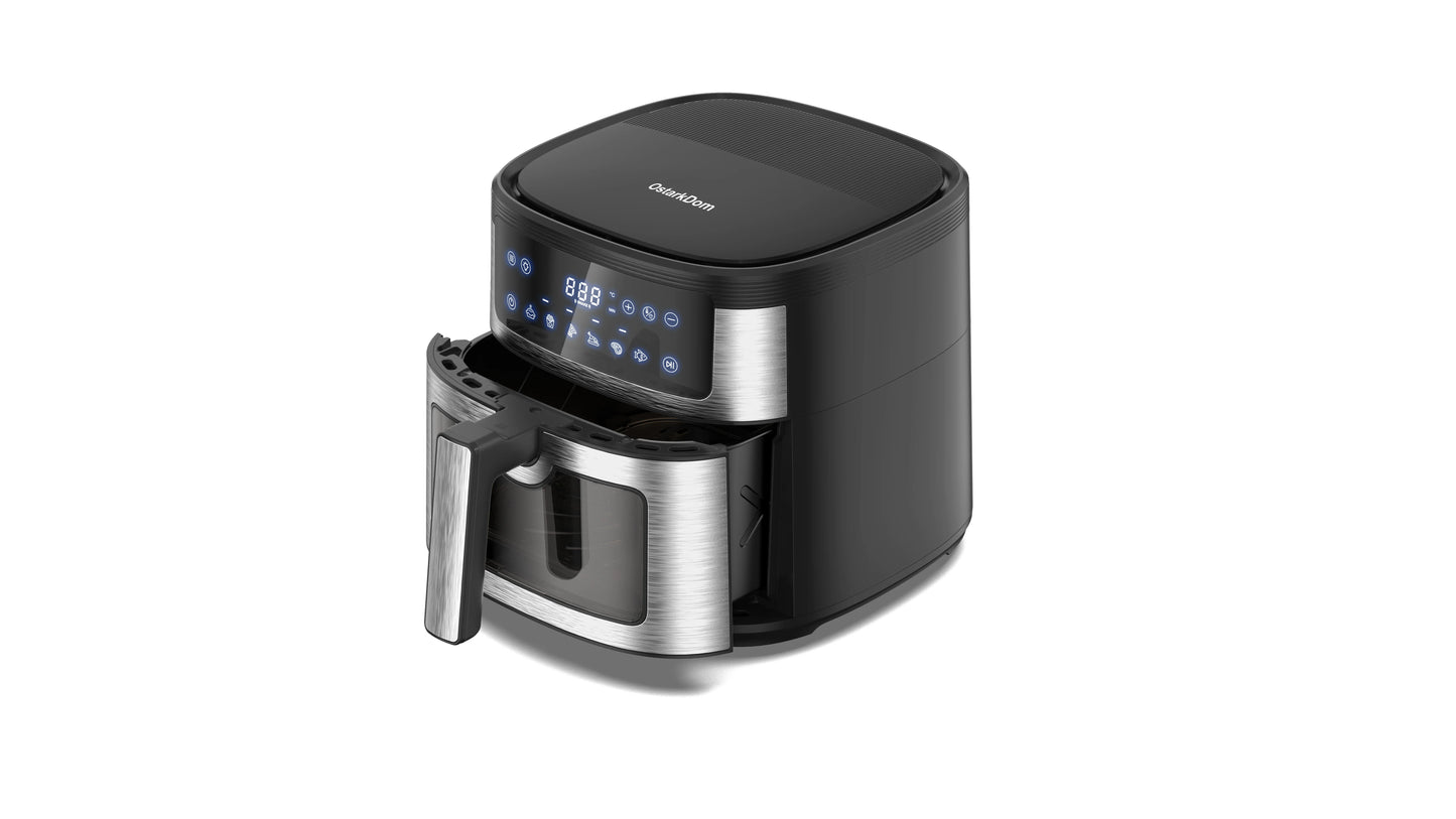 Air Fryer 6L with Touch Control, adjustable temperature up to 200°C, 60-minute timer, 8 preset menus, oil-free cooking, and 1400W power, ideal for families of 3-5 people.