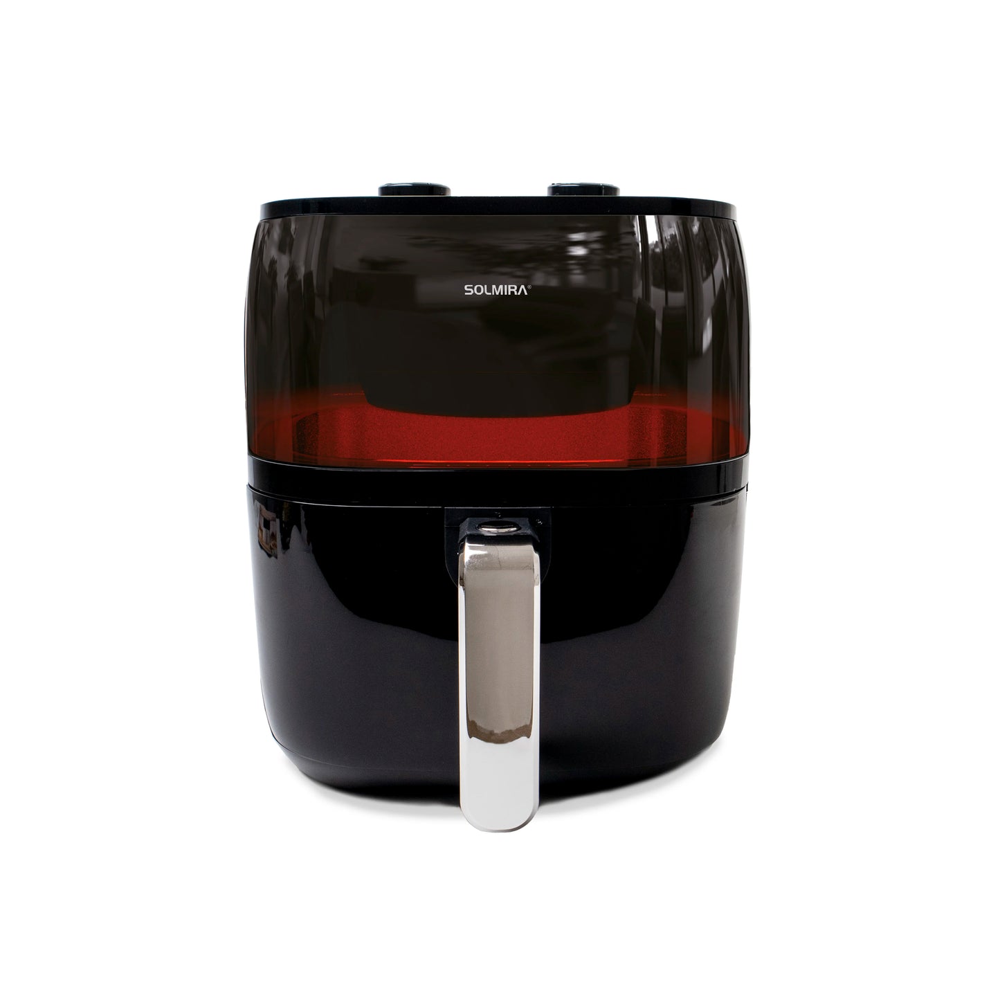 6L Air Fryer by SOLMIRA, 1400W capacity, designed for oil-free grilling, features a compact size of 40x34x38cm, CE certified, perfect for healthy cooking and equipped for various uses.