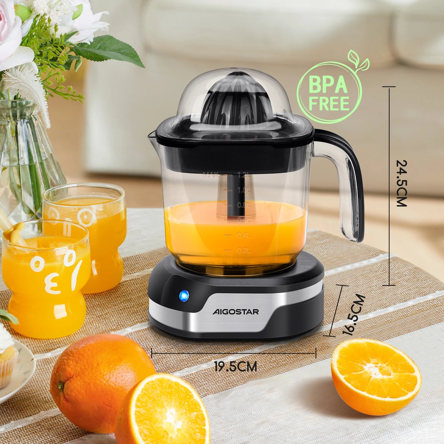 Orange Juicer - Citrus juicer with 1.2L capacity, stainless steel, dual-direction rotation, two cone sizes, LED indicator, and 40W power for efficient fruit extraction.