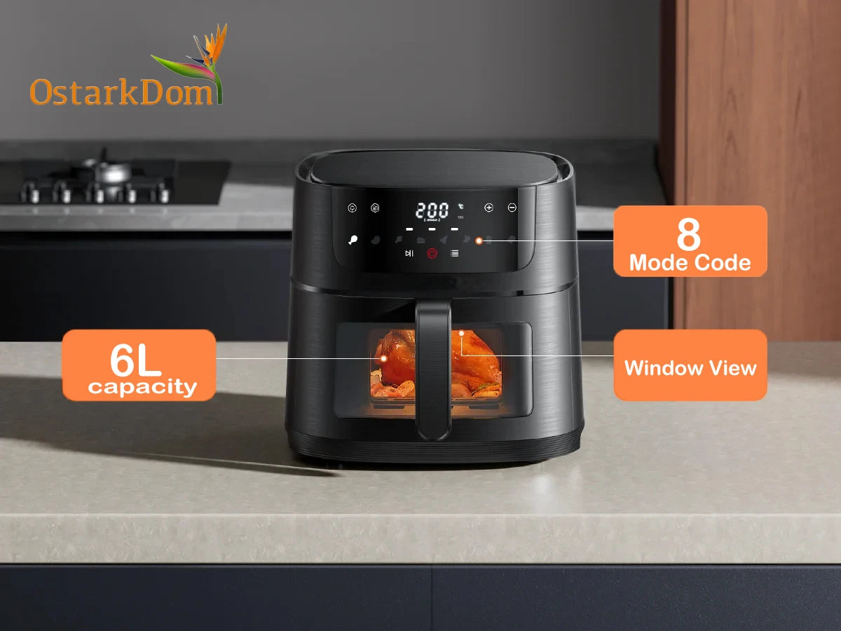 Air Fryer 6L with Touch Control, adjustable temperature up to 200°C, 60-minute timer, 8 preset menus, oil-free cooking, and 1400W power, ideal for families of 3-5 people.