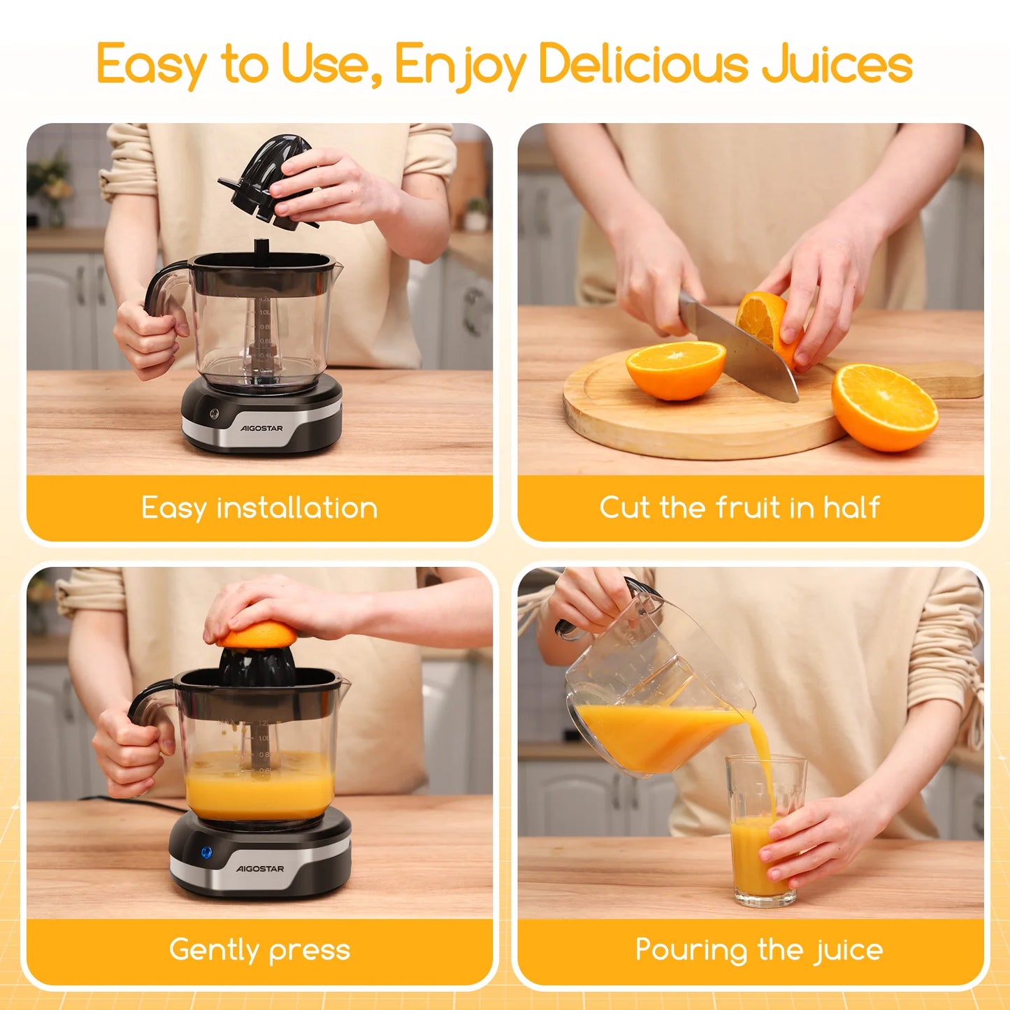 Orange Juicer - Citrus juicer with 1.2L capacity, stainless steel, dual-direction rotation, two cone sizes, LED indicator, and 40W power for efficient fruit extraction.