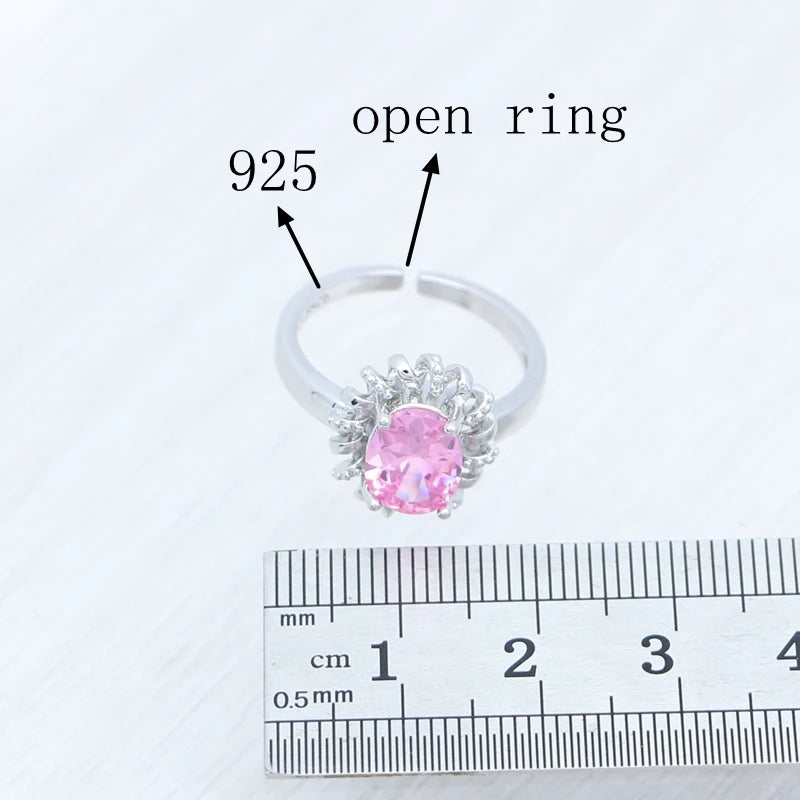 Egg Cubic Zirconia Pink Jewelry Kit 925 Sterling Silver Earrings Adjustable Ring Pendant Woman Engagement Gift Free Jewelry Box