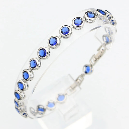 Sterling Silver Slim Bracelet for Women Blue Stone Zircon 18cm+2cm Extension Bracelet Two Buttons Free Gift Box