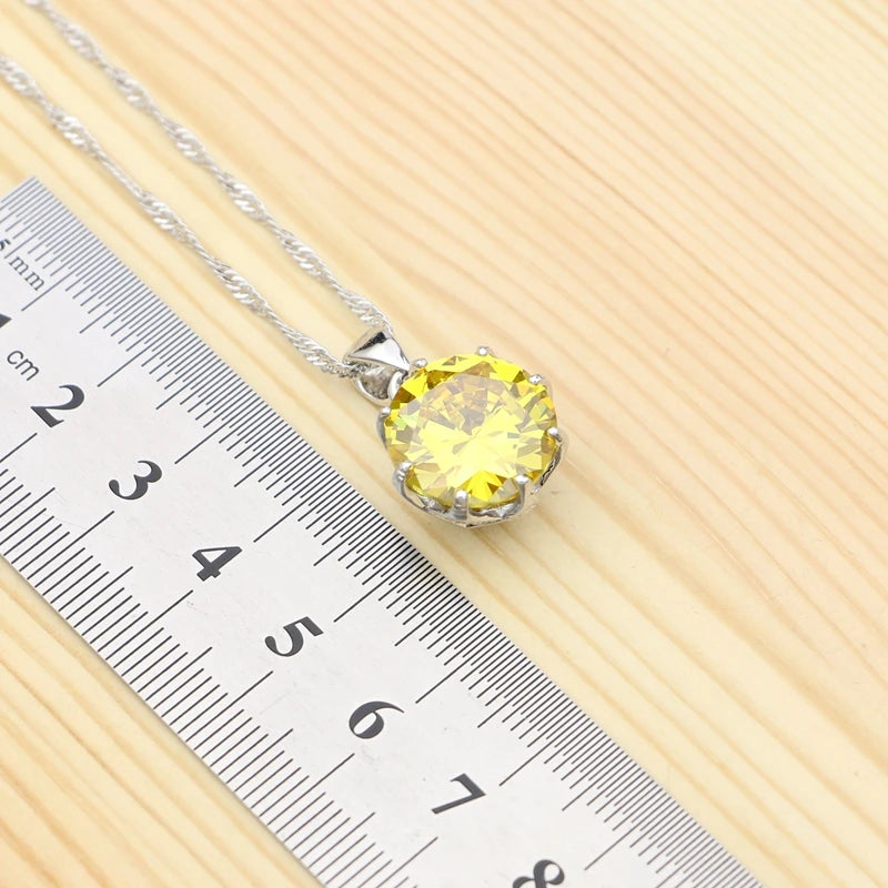 Jewelry 4Sets For Women Party Accessories Yellow Cubic Zirconia White Crystal Ring Bracelet Necklace Pendant Earrings