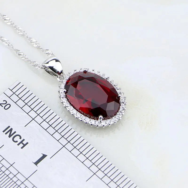 Silver Jewelry Red Garnet White Zircon Jewelry 4Sets For Women Wedding Necklace/Earrings/Bracelet/Pendant/Ring