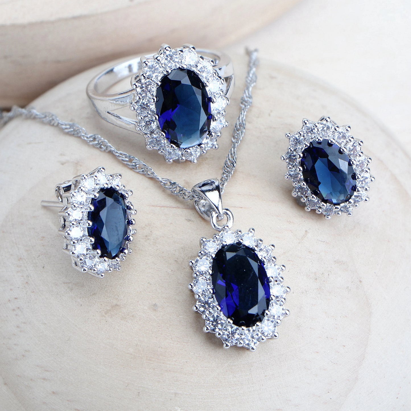 Silver jewelry 4Sets Blue Zirconia Costume Fine Jewellery  Necklace Earrings Rings Bracelets Pendant