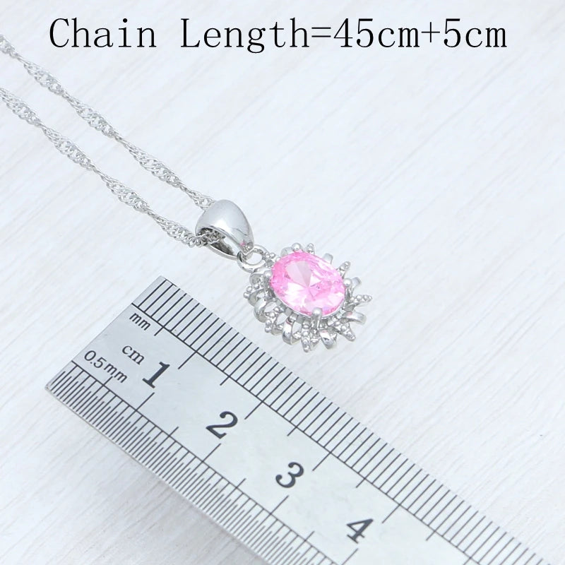 Egg Cubic Zirconia Pink Jewelry Kit 925 Sterling Silver Earrings Adjustable Ring Pendant Woman Engagement Gift Free Jewelry Box