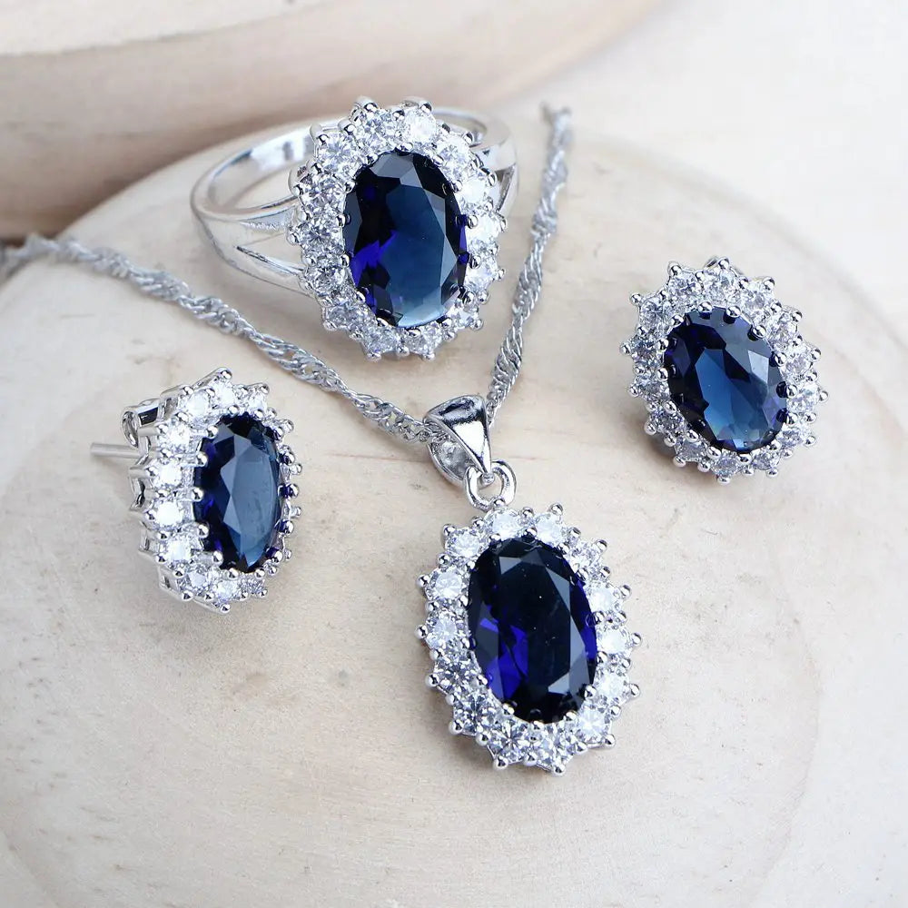 Silver jewelry 4Sets Blue Zirconia Costume Fine Jewellery  Necklace Earrings Rings Bracelets Pendant