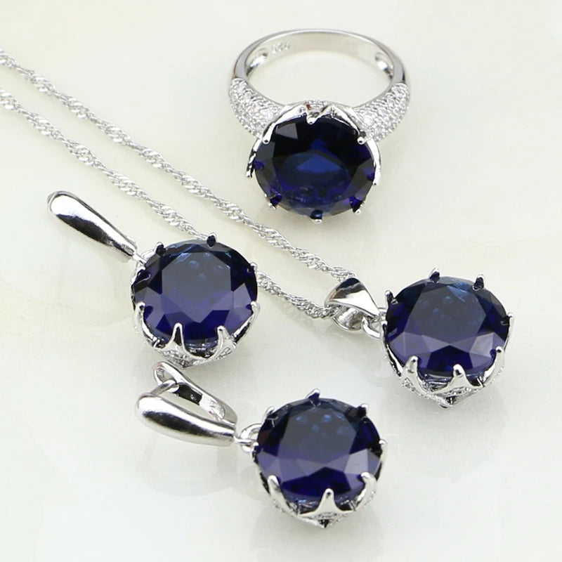 Round Blue Cubic Zirconia White Zircon Sterling Silver Sets Earrings/Pendant/Necklace/Ring For Women