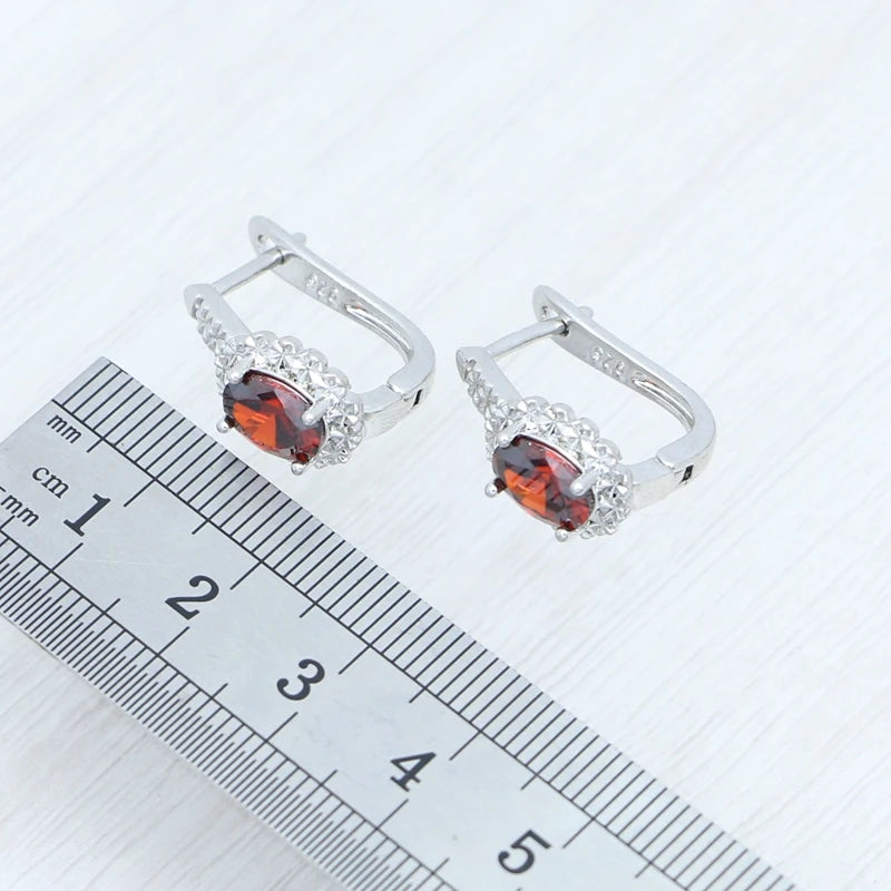 Garnet Ring Earrings Pendant Necklace Sweet Jewelry 925 Sterling Silver Jewelry 3Set