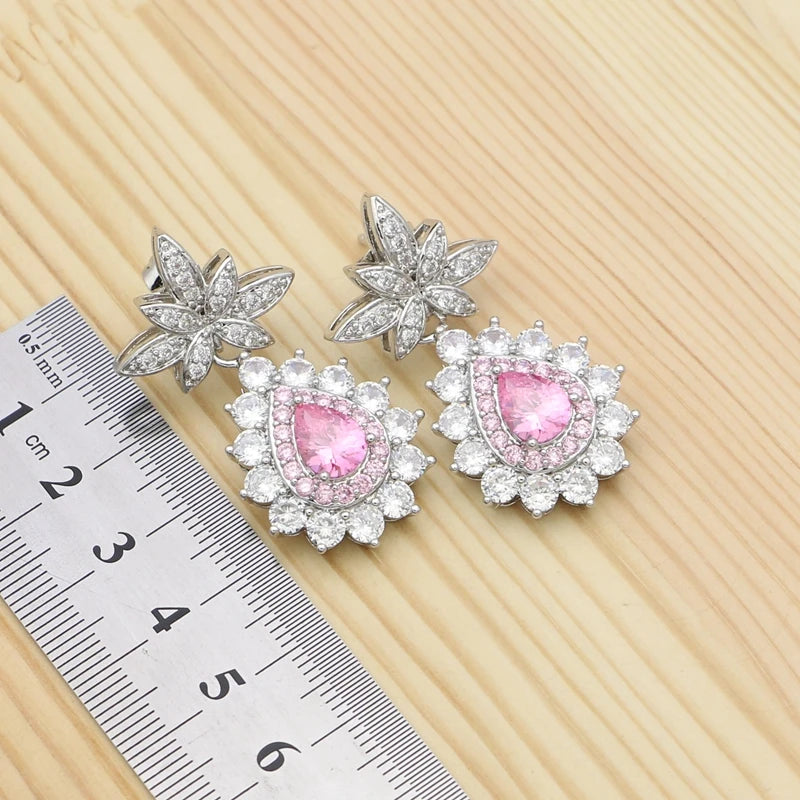 Jewelry 4Sets For Women Pink Cubic Zirconia Ring Bracelet Pendant Earrings Necklace