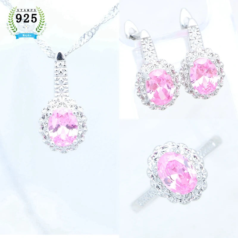 Silver Jewelry Set Oval Pink Cubic Zirconia Open Ring Earrings Pendant Necklace