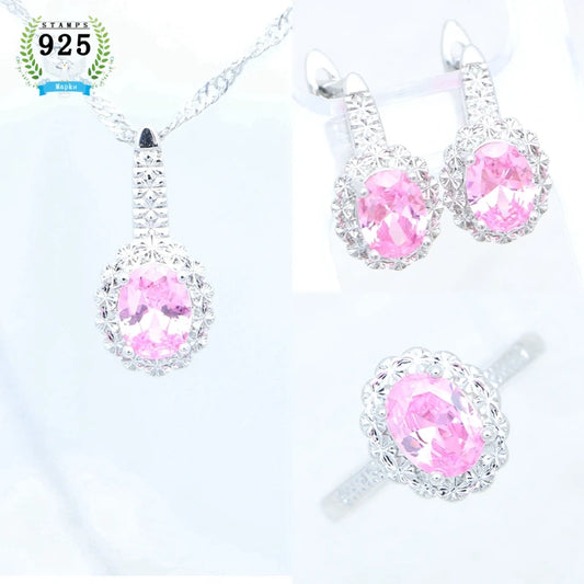 Silver Jewelry Set Oval Pink Cubic Zirconia Open Ring Earrings Pendant Necklace