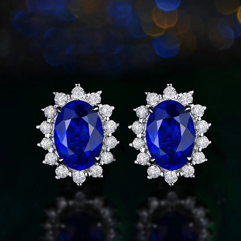 Elegant Silver 925 Earrings Jewelry Set Oval Shape Sapphire Zircon Gemstone Pendant Necklace Open Ring