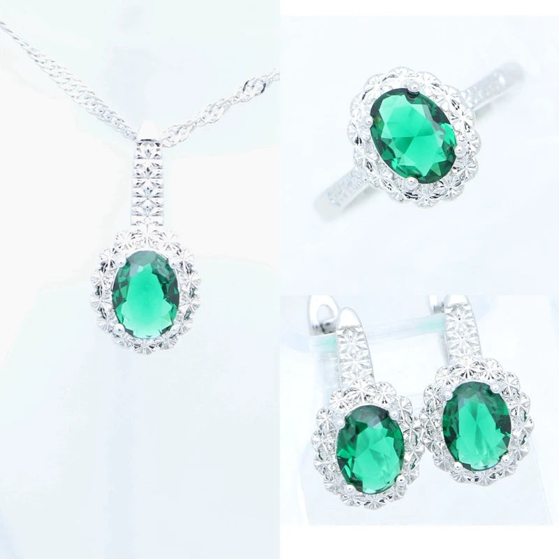 Garnet Ring Earrings Pendant Necklace Sweet Jewelry 925 Sterling Silver Jewelry 3Set