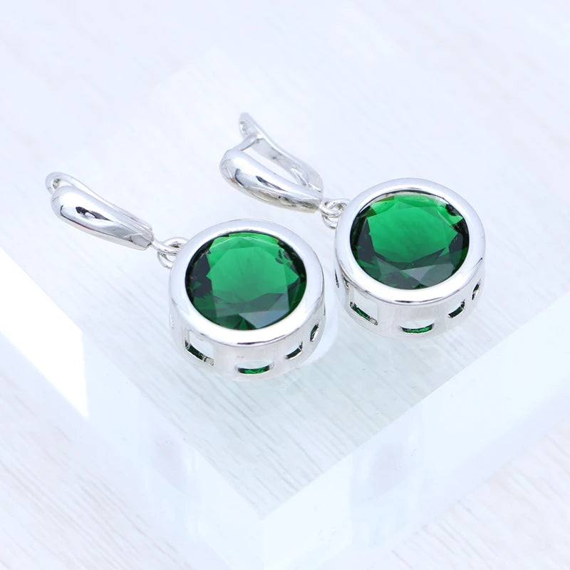 Jewelry 3Set Silver Bridal Earrings Ring Pendant Necklace Round Emerald Jewelry