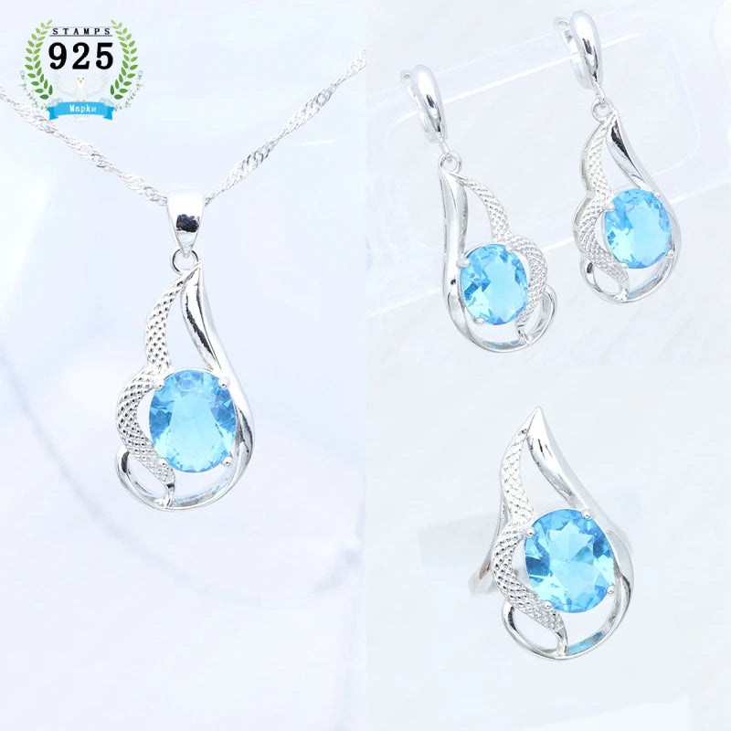 Silver Bridal Jewelry Set  Open Ring Earrings Pendant Necklace Kit Free Jewelry Box