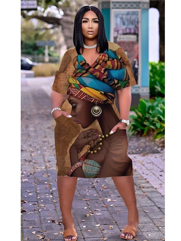 Ladies Short Sleeve Knee-length Boho V-Neck  Dress