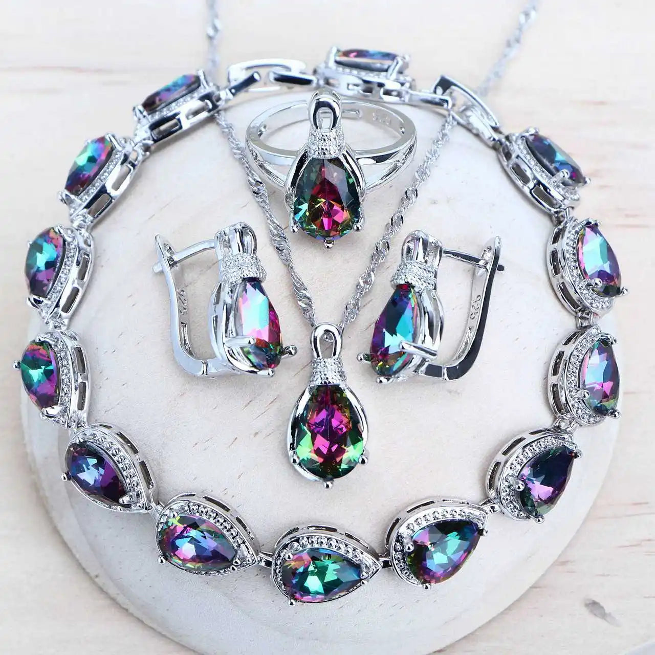 Jewelry 4Sets Costume Jewellery Rainbow Cubic Zirconia Earrings Rings Bracelets Pendant Necklace
