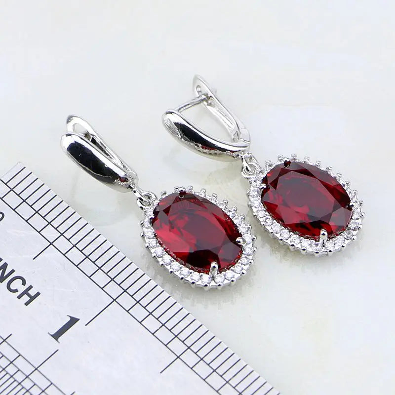 Silver Jewelry Red Garnet White Zircon Jewelry 4Sets For Women Wedding Necklace/Earrings/Bracelet/Pendant/Ring