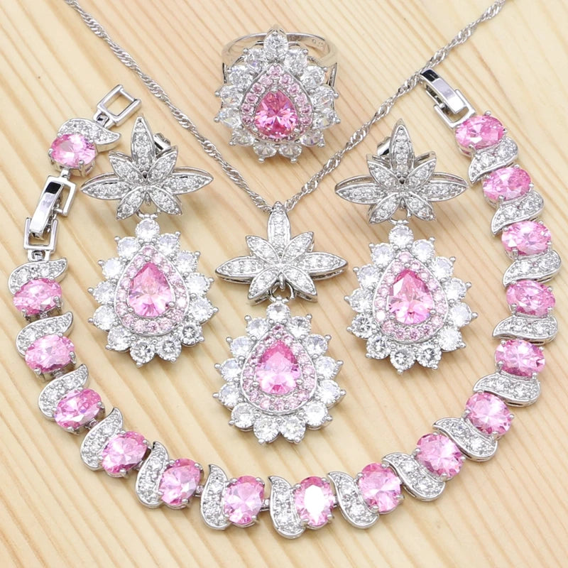 Jewelry 4Sets For Women Pink Cubic Zirconia Ring Bracelet Pendant Earrings Necklace