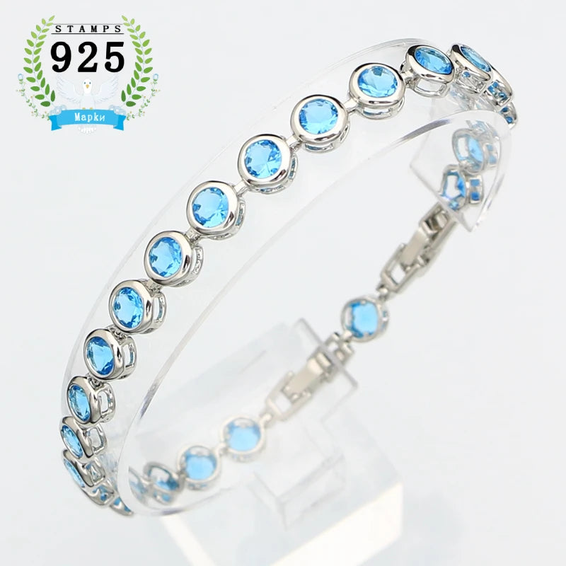 Sterling Silver Slim Bracelet for Women Blue Stone Zircon 18cm+2cm Extension Bracelet Two Buttons Free Gift Box