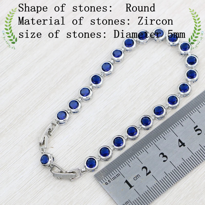 Sterling Silver Slim Bracelet for Women Blue Stone Zircon 18cm+2cm Extension Bracelet Two Buttons Free Gift Box