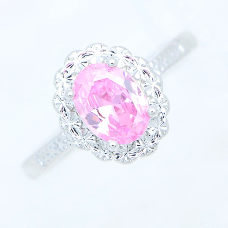 Silver Jewelry Set Oval Pink Cubic Zirconia Open Ring Earrings Pendant Necklace