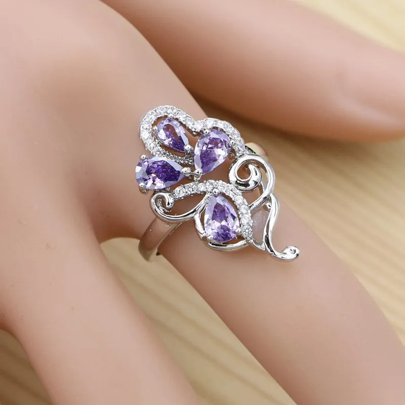 Silver Jewelry 4Sets for Women Purple Cubic Zirconia Ring Bracelet Necklace Pendant Earrings