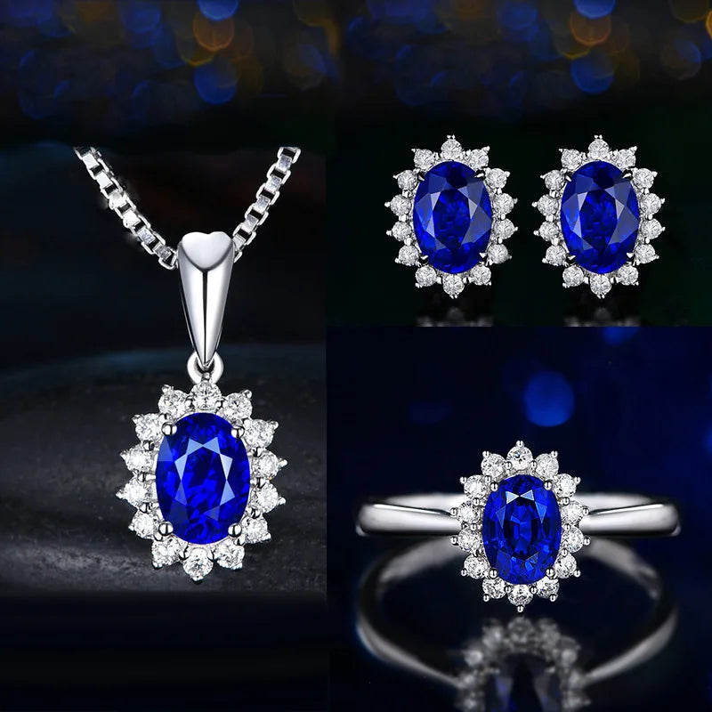 Elegant Silver 925 Earrings Jewelry Set Oval Shape Sapphire Zircon Gemstone Pendant Necklace Open Ring