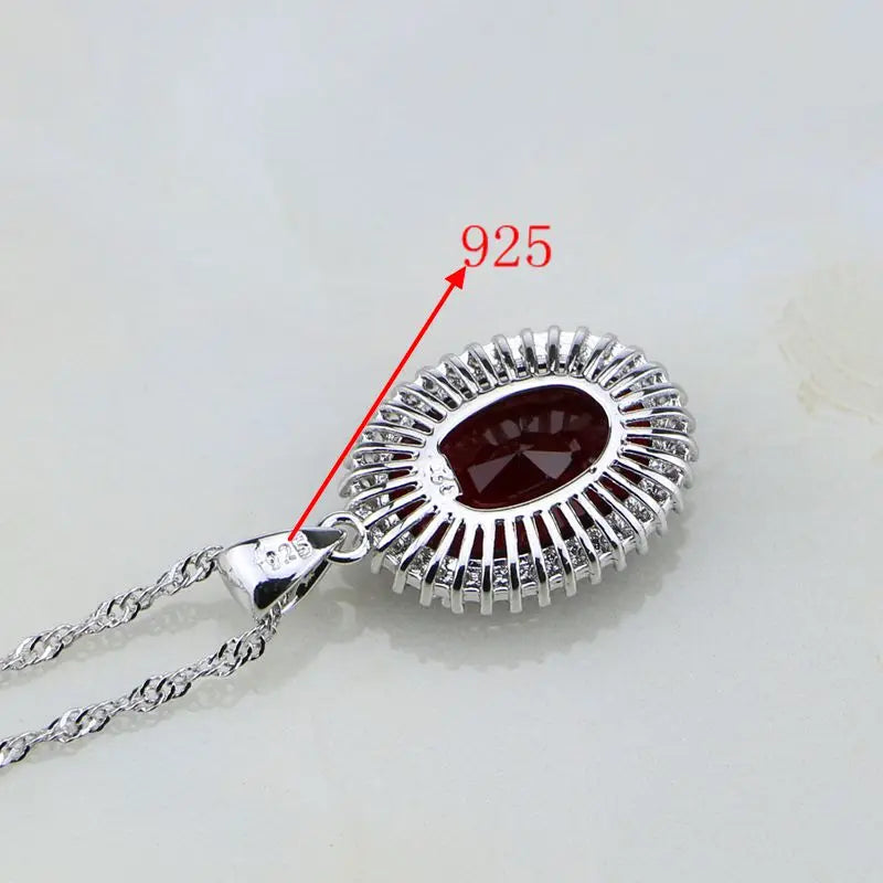 Silver Jewelry Red Garnet White Zircon Jewelry 4Sets For Women Wedding Necklace/Earrings/Bracelet/Pendant/Ring